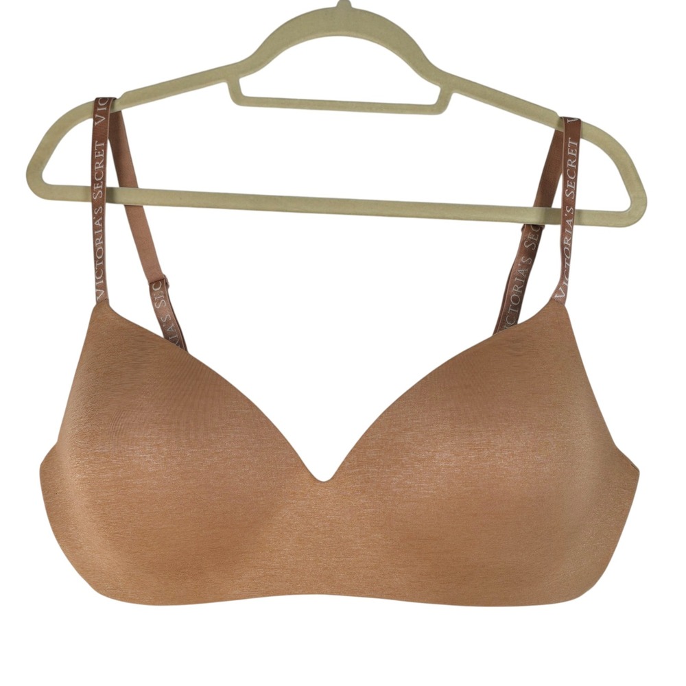 Victoria's Secret T-Shirt Lightly Lined Wireless Bra Tan Logo Strap 38DD Comfort